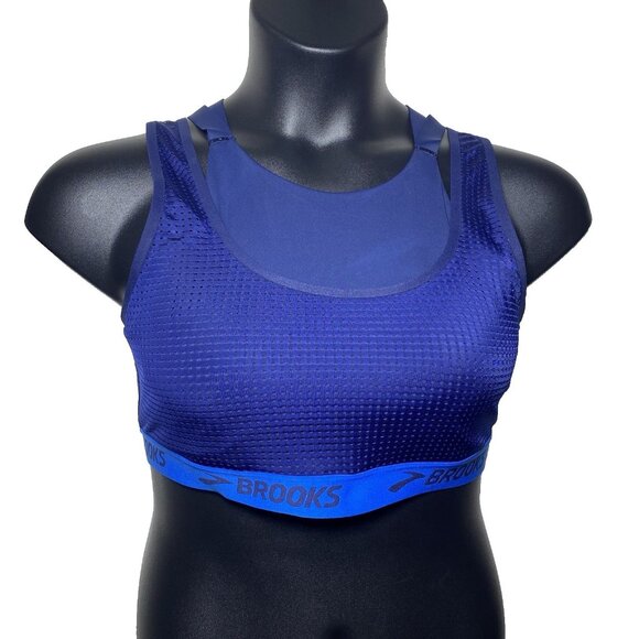Brooks XXL Drive Mesh Run Navy Blue Bolt Sports Bra Layered Compression Wicking - Picture 1 of 11